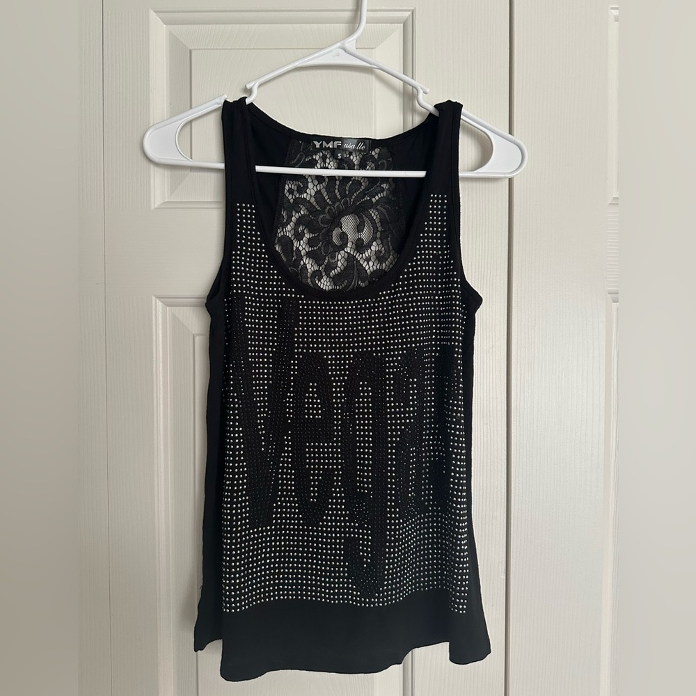 Black Tank Top with Lace and Studded Design